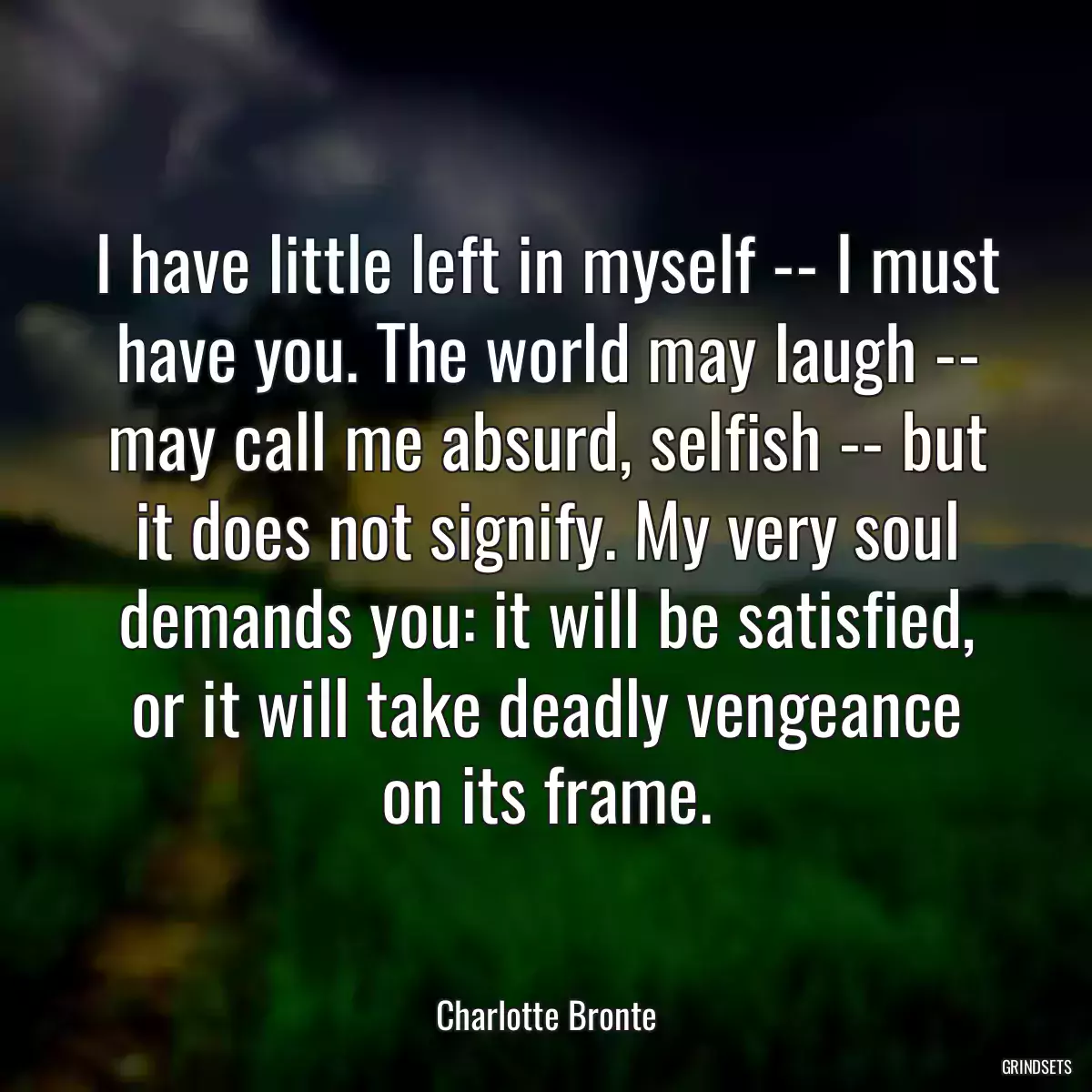 I have little left in myself -- I must have you. The world may laugh -- may call me absurd, selfish -- but it does not signify. My very soul demands you: it will be satisfied, or it will take deadly vengeance on its frame.