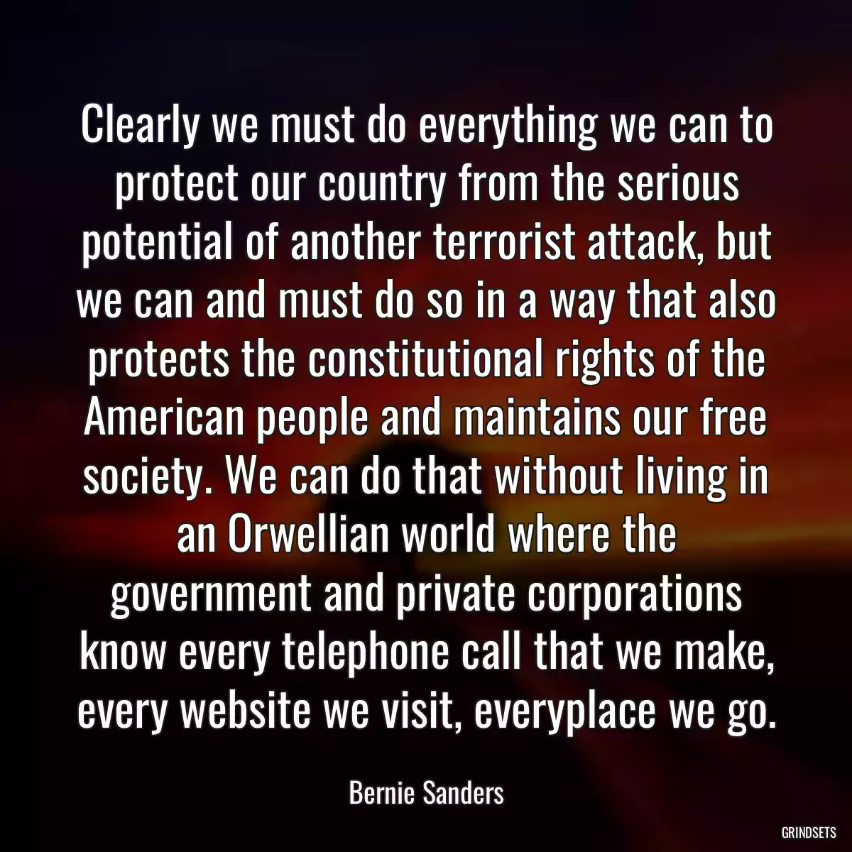 Clearly we must do everything we can to protect our country from the serious potential of another terrorist attack, but we can and must do so in a way that also protects the constitutional rights of the American people and maintains our free society. We can do that without living in an Orwellian world where the government and private corporations know every telephone call that we make, every website we visit, everyplace we go.