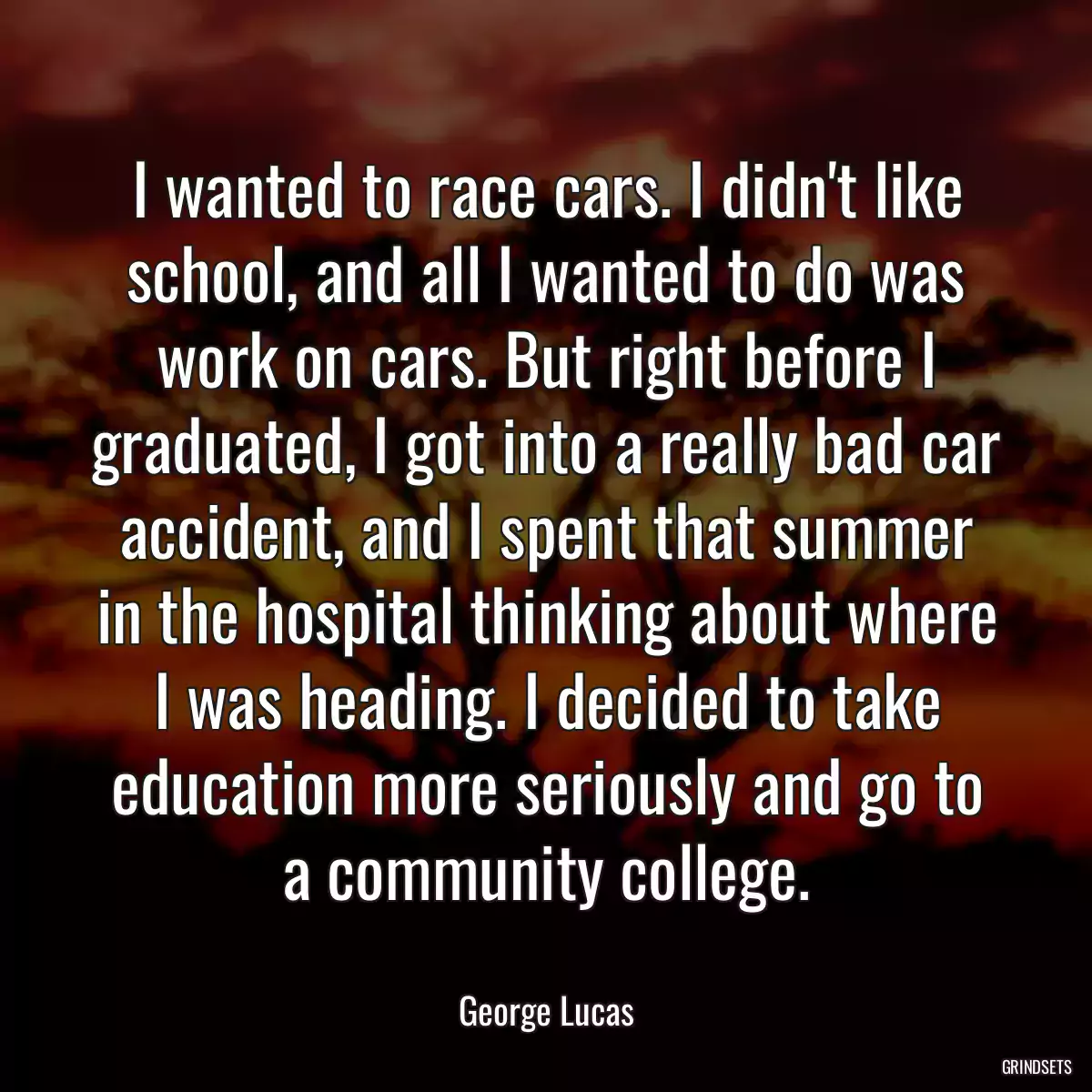 I wanted to race cars. I didn\'t like school, and all I wanted to do was work on cars. But right before I graduated, I got into a really bad car accident, and I spent that summer in the hospital thinking about where I was heading. I decided to take education more seriously and go to a community college.