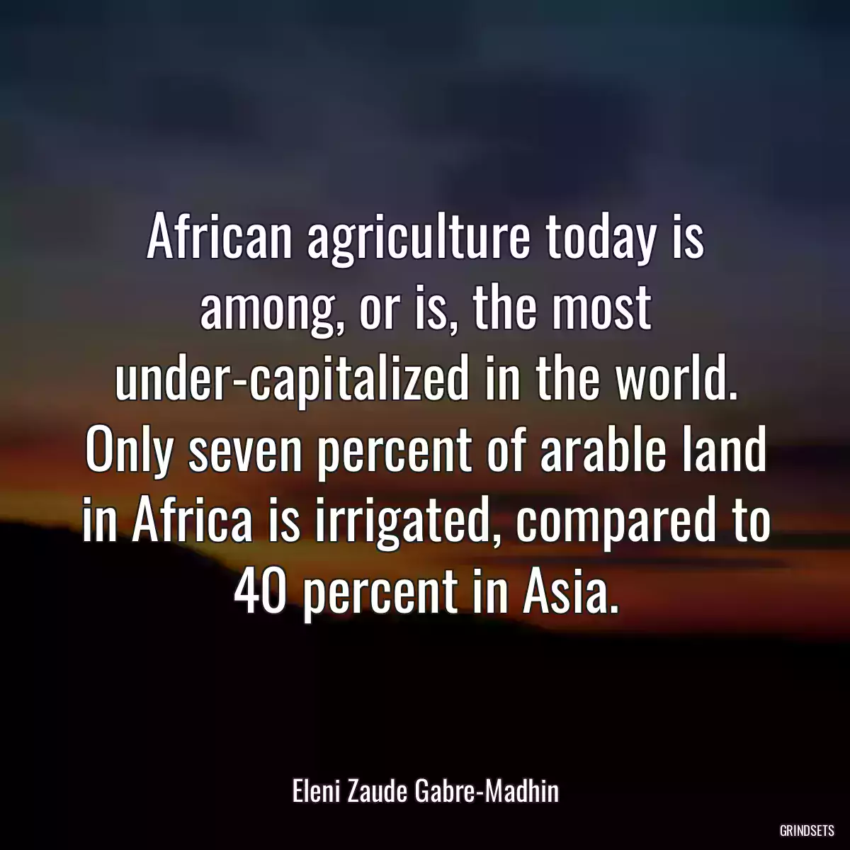 African agriculture today is among, or is, the most under-capitalized in the world. Only seven percent of arable land in Africa is irrigated, compared to 40 percent in Asia.