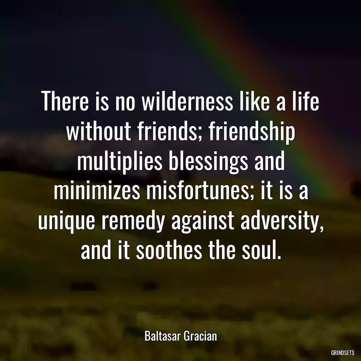 There is no wilderness like a life without friends; friendship multiplies blessings and minimizes misfortunes; it is a unique remedy against adversity, and it soothes the soul.