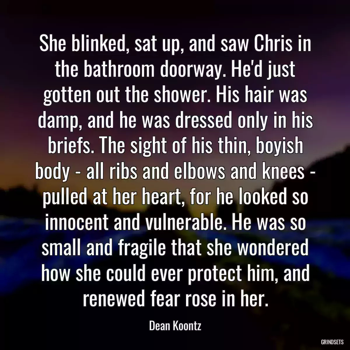 She blinked, sat up, and saw Chris in the bathroom doorway. He\'d just gotten out the shower. His hair was damp, and he was dressed only in his briefs. The sight of his thin, boyish body - all ribs and elbows and knees - pulled at her heart, for he looked so innocent and vulnerable. He was so small and fragile that she wondered how she could ever protect him, and renewed fear rose in her.