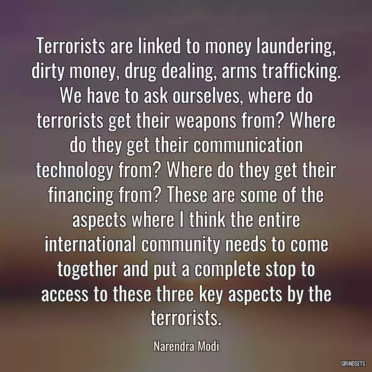 Terrorists are linked to money laundering, dirty money, drug dealing, arms trafficking. We have to ask ourselves, where do terrorists get their weapons from? Where do they get their communication technology from? Where do they get their financing from? These are some of the aspects where I think the entire international community needs to come together and put a complete stop to access to these three key aspects by the terrorists.