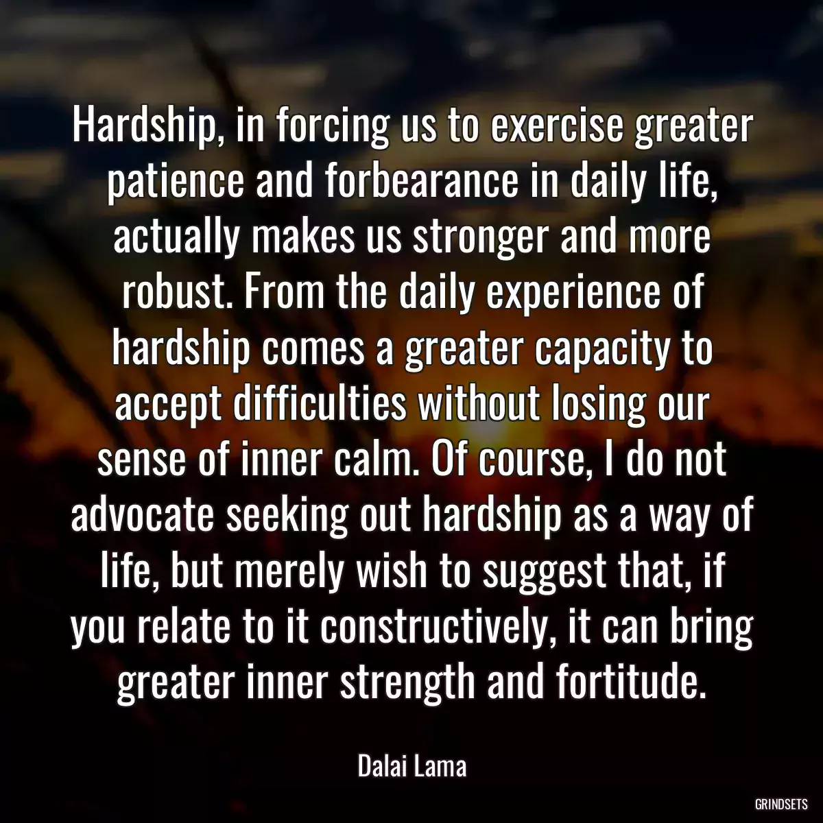 Hardship, in forcing us to exercise greater patience and forbearance in daily life, actually makes us stronger and more robust. From the daily experience of hardship comes a greater capacity to accept difficulties without losing our sense of inner calm. Of course, I do not advocate seeking out hardship as a way of life, but merely wish to suggest that, if you relate to it constructively, it can bring greater inner strength and fortitude.