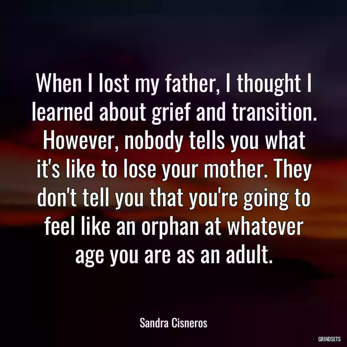 When I lost my father, I thought I learned about grief and transition. However, nobody tells you what it\'s like to lose your mother. They don\'t tell you that you\'re going to feel like an orphan at whatever age you are as an adult.