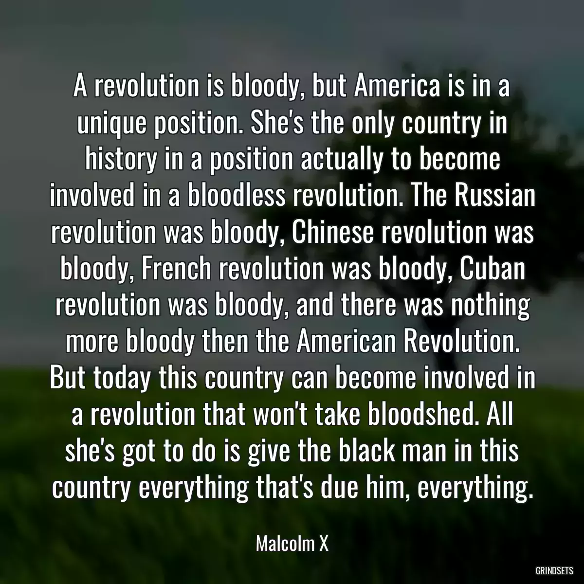 A revolution is bloody, but America is in a unique position. She\'s the only country in history in a position actually to become involved in a bloodless revolution. The Russian revolution was bloody, Chinese revolution was bloody, French revolution was bloody, Cuban revolution was bloody, and there was nothing more bloody then the American Revolution. But today this country can become involved in a revolution that won\'t take bloodshed. All she\'s got to do is give the black man in this country everything that\'s due him, everything.