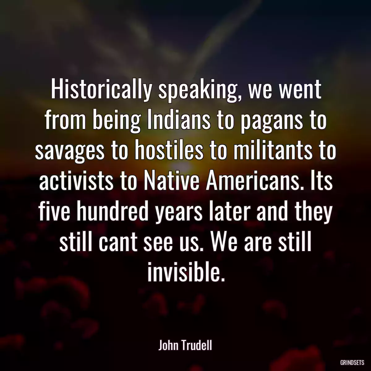 Historically speaking, we went from being Indians to pagans to savages to hostiles to militants to activists to Native Americans. Its five hundred years later and they still cant see us. We are still invisible.