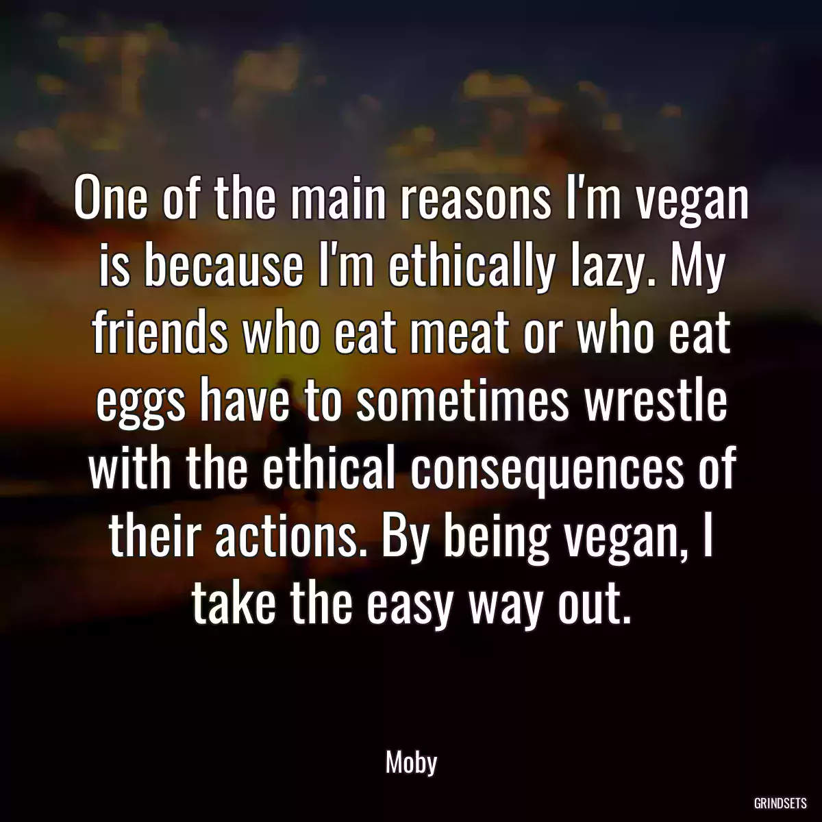 One of the main reasons I\'m vegan is because I\'m ethically lazy. My friends who eat meat or who eat eggs have to sometimes wrestle with the ethical consequences of their actions. By being vegan, I take the easy way out.