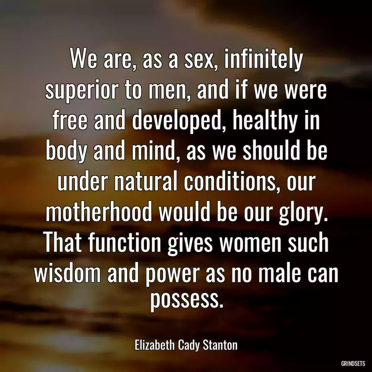 We are, as a sex, infinitely superior to men, and if we were free and developed, healthy in body and mind, as we should be under natural conditions, our motherhood would be our glory. That function gives women such wisdom and power as no male can possess.