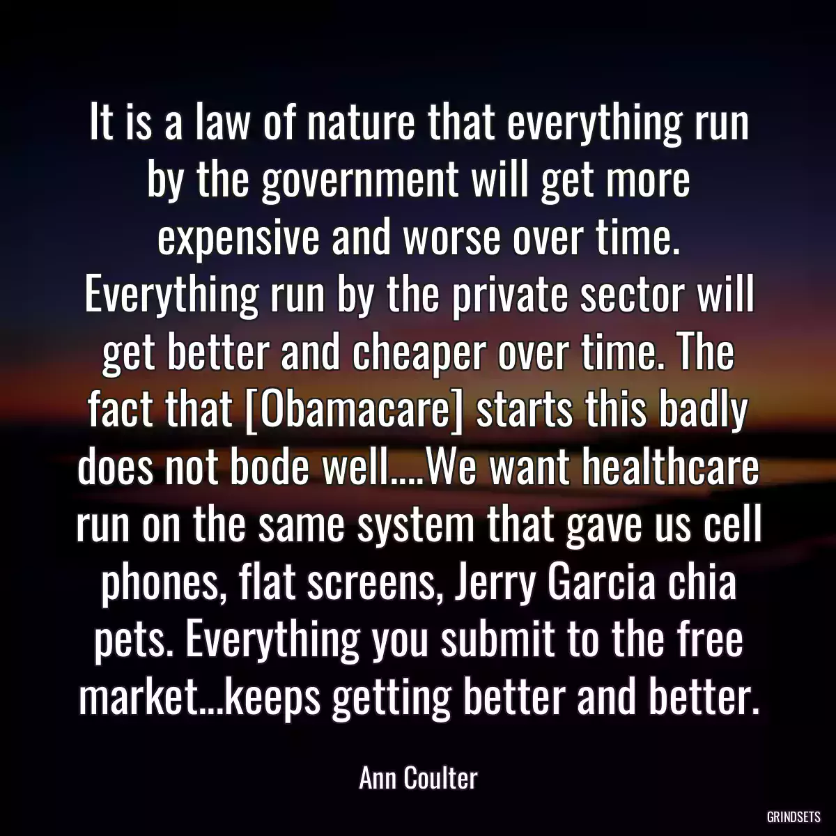 It is a law of nature that everything run by the government will get more expensive and worse over time. Everything run by the private sector will get better and cheaper over time. The fact that [Obamacare] starts this badly does not bode well....We want healthcare run on the same system that gave us cell phones, flat screens, Jerry Garcia chia pets. Everything you submit to the free market...keeps getting better and better.