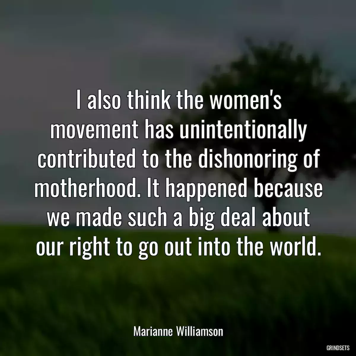 I also think the women\'s movement has unintentionally contributed to the dishonoring of motherhood. It happened because we made such a big deal about our right to go out into the world.