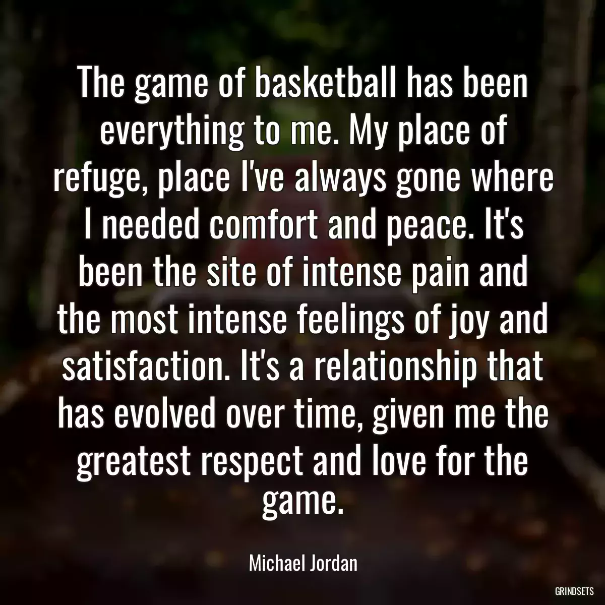 The game of basketball has been everything to me. My place of refuge, place I\'ve always gone where I needed comfort and peace. It\'s been the site of intense pain and the most intense feelings of joy and satisfaction. It\'s a relationship that has evolved over time, given me the greatest respect and love for the game.