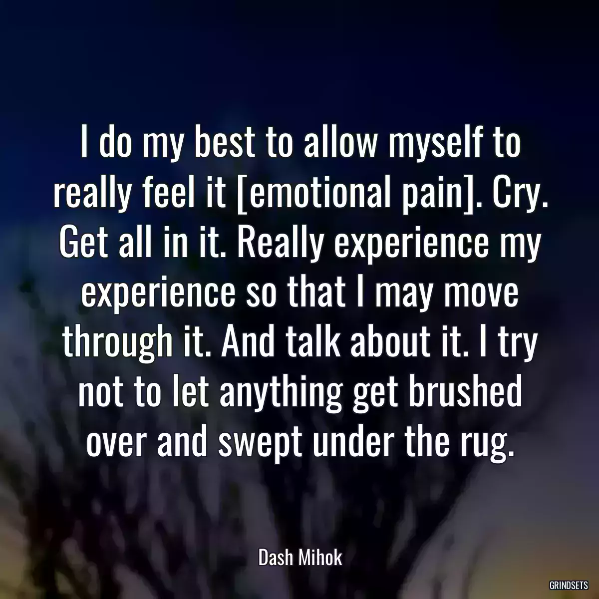 I do my best to allow myself to really feel it [emotional pain]. Cry. Get all in it. Really experience my experience so that I may move through it. And talk about it. I try not to let anything get brushed over and swept under the rug.