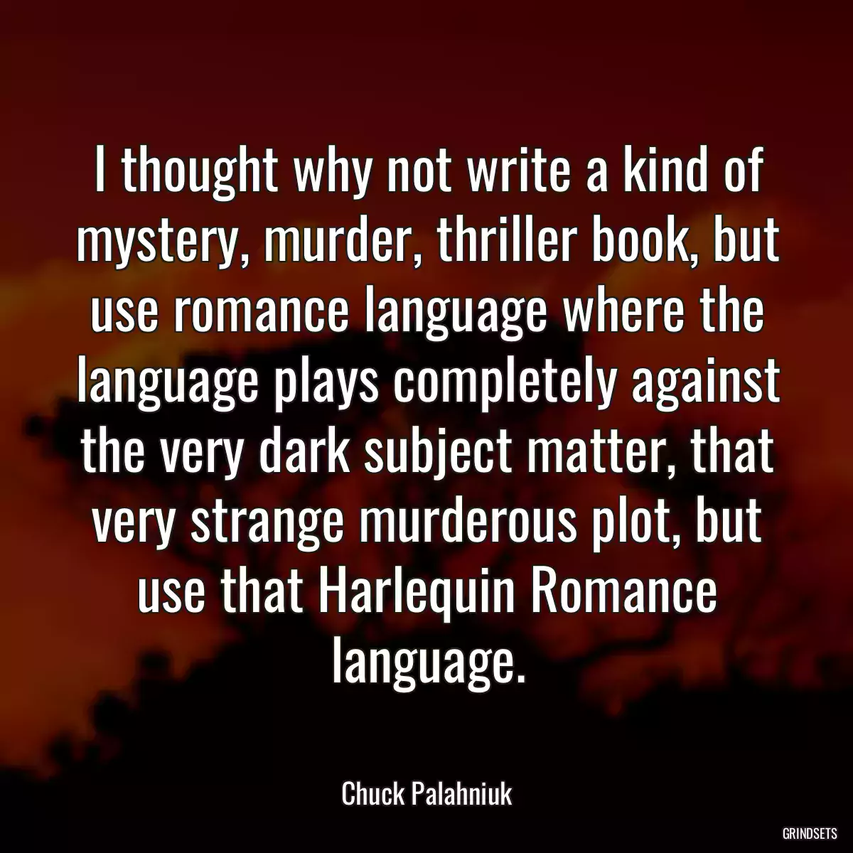 I thought why not write a kind of mystery, murder, thriller book, but use romance language where the language plays completely against the very dark subject matter, that very strange murderous plot, but use that Harlequin Romance language.