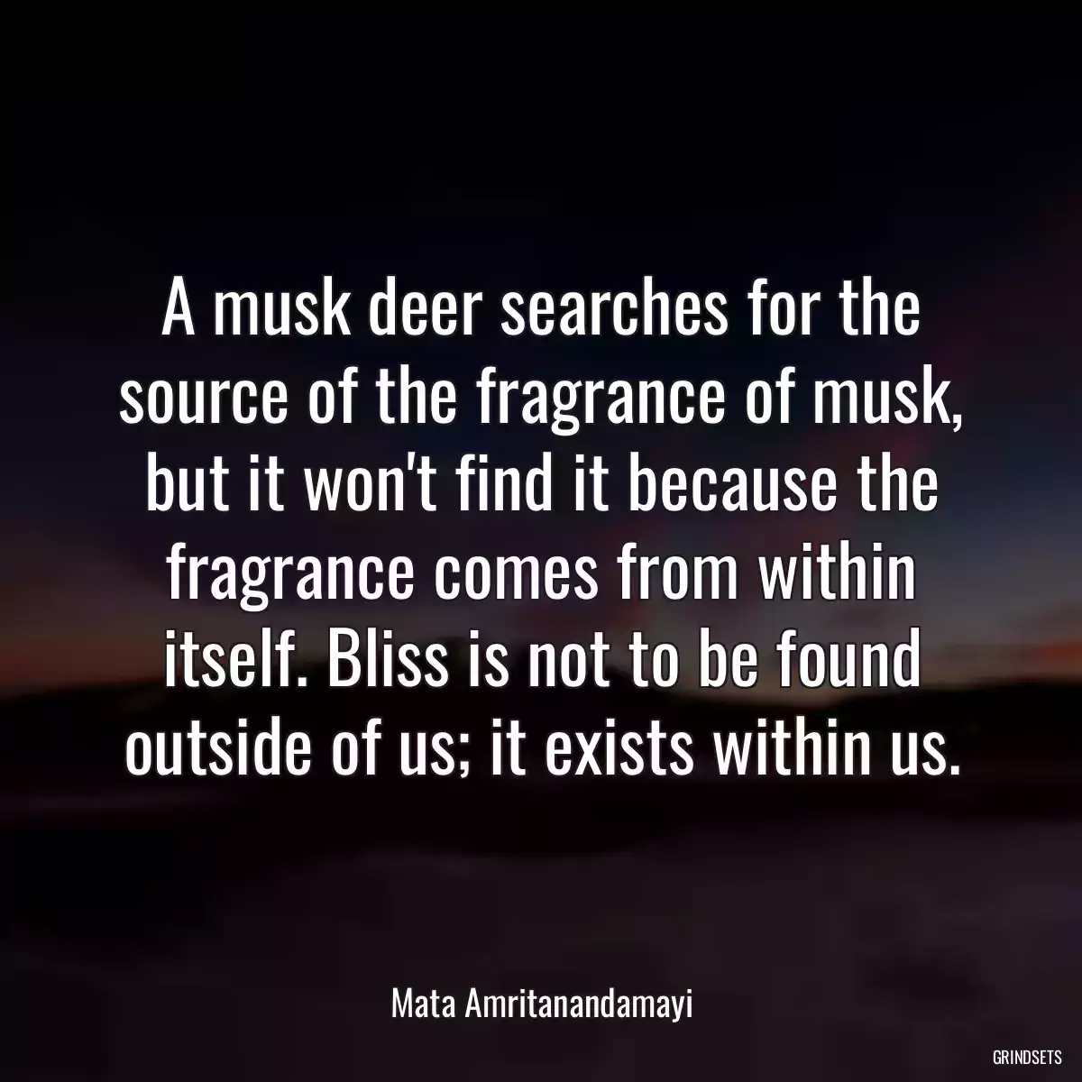 A musk deer searches for the source of the fragrance of musk, but it won\'t find it because the fragrance comes from within itself. Bliss is not to be found outside of us; it exists within us.