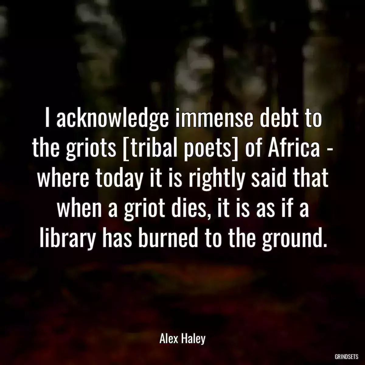 I acknowledge immense debt to the griots [tribal poets] of Africa - where today it is rightly said that when a griot dies, it is as if a library has burned to the ground.