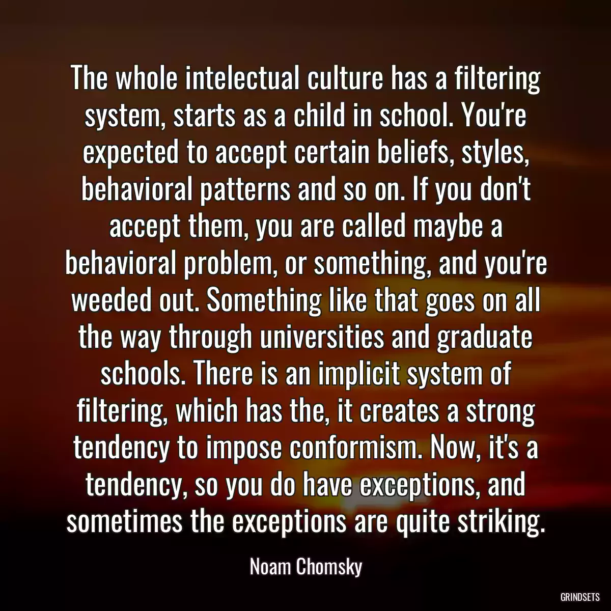 The whole intelectual culture has a filtering system, starts as a child in school. You\'re expected to accept certain beliefs, styles, behavioral patterns and so on. If you don\'t accept them, you are called maybe a behavioral problem, or something, and you\'re weeded out. Something like that goes on all the way through universities and graduate schools. There is an implicit system of filtering, which has the, it creates a strong tendency to impose conformism. Now, it\'s a tendency, so you do have exceptions, and sometimes the exceptions are quite striking.