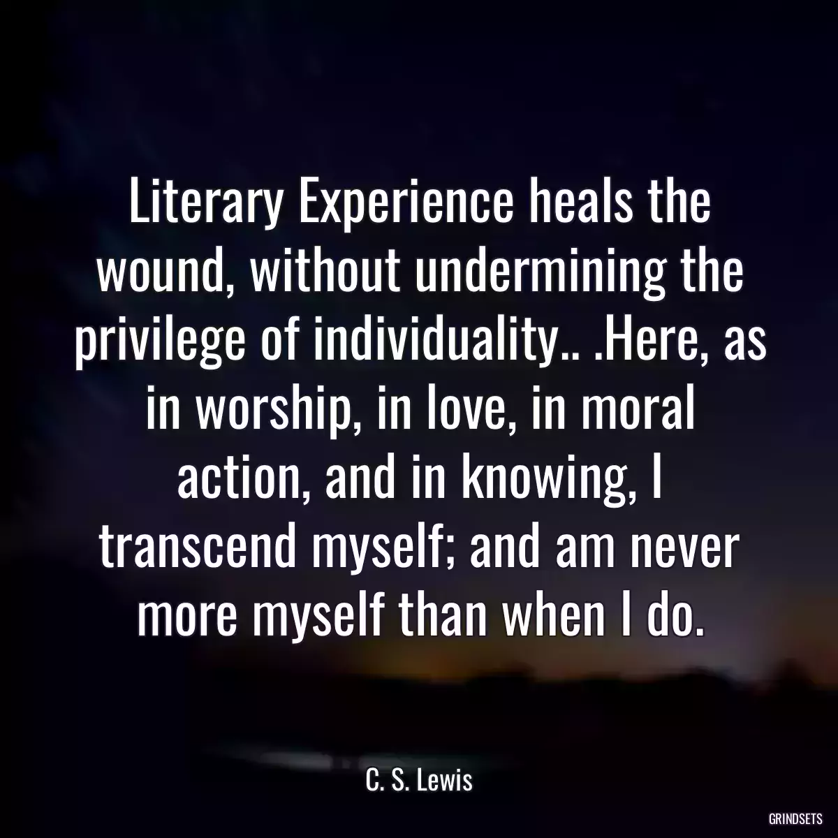 Literary Experience heals the wound, without undermining the privilege of individuality.. .Here, as in worship, in love, in moral action, and in knowing, I transcend myself; and am never more myself than when I do.