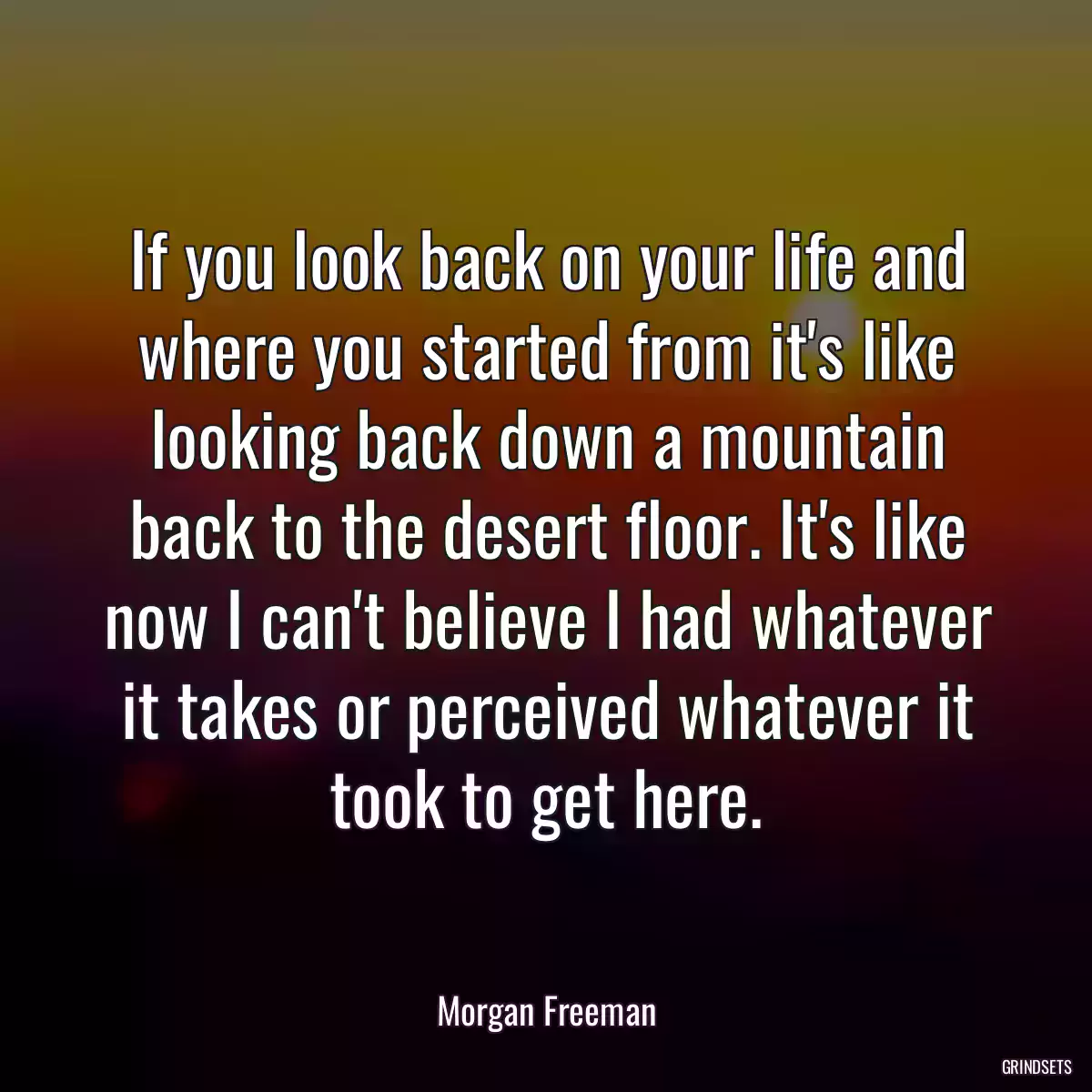 If you look back on your life and where you started from it\'s like looking back down a mountain back to the desert floor. It\'s like now I can\'t believe I had whatever it takes or perceived whatever it took to get here.