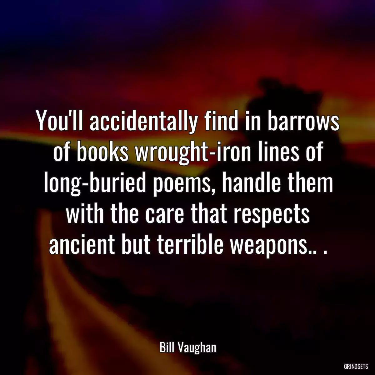 You\'ll accidentally find in barrows of books wrought-iron lines of long-buried poems, handle them with the care that respects ancient but terrible weapons.. .