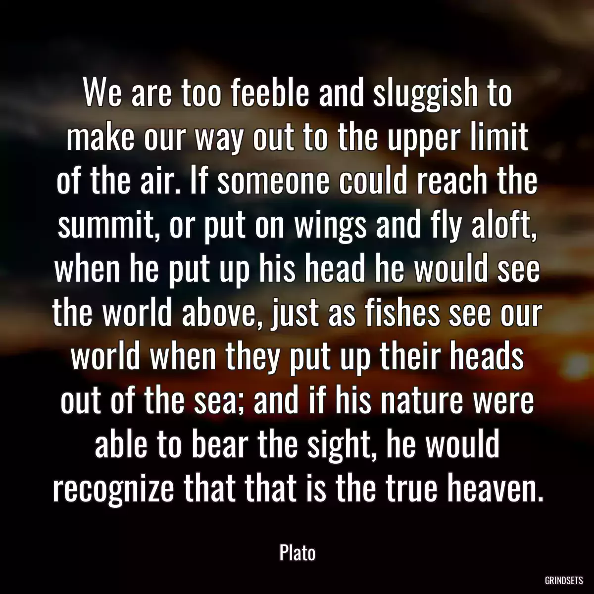 We are too feeble and sluggish to make our way out to the upper limit of the air. If someone could reach the summit, or put on wings and fly aloft, when he put up his head he would see the world above, just as fishes see our world when they put up their heads out of the sea; and if his nature were able to bear the sight, he would recognize that that is the true heaven.