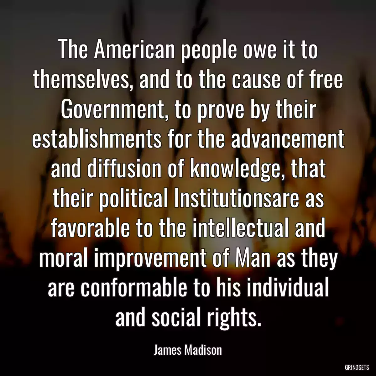 The American people owe it to themselves, and to the cause of free Government, to prove by their establishments for the advancement and diffusion of knowledge, that their political Institutionsare as favorable to the intellectual and moral improvement of Man as they are conformable to his individual and social rights.