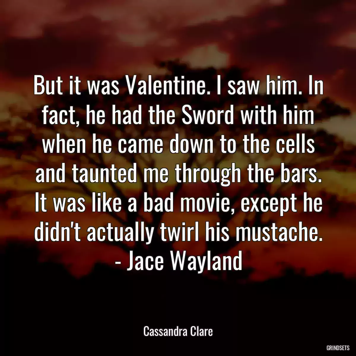 But it was Valentine. I saw him. In fact, he had the Sword with him when he came down to the cells and taunted me through the bars. It was like a bad movie, except he didn\'t actually twirl his mustache. - Jace Wayland