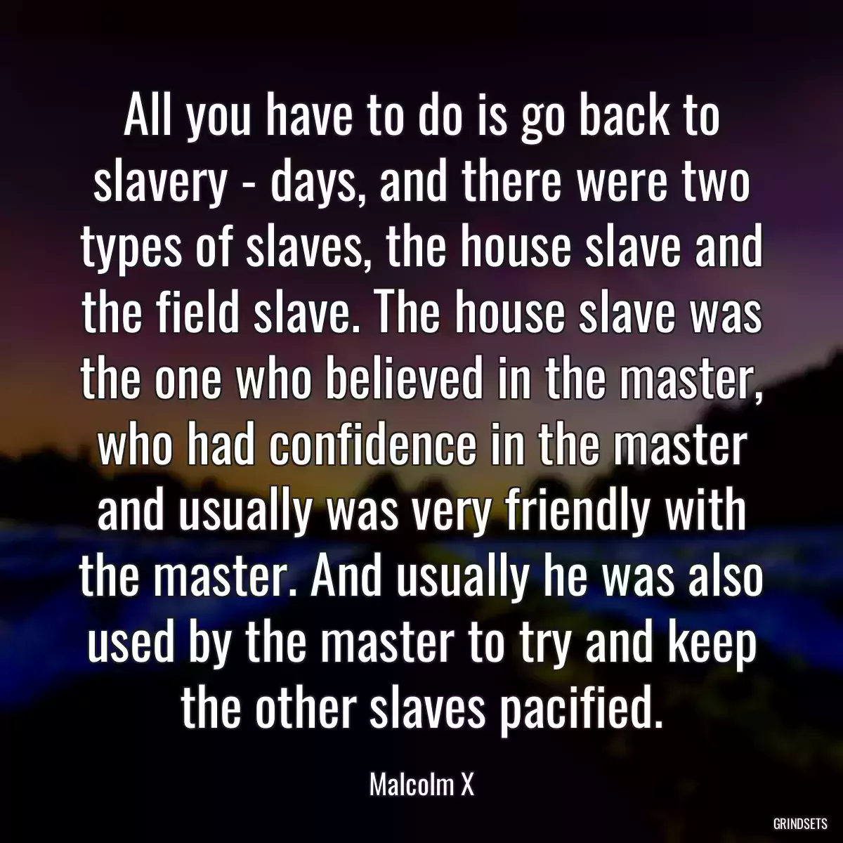 All you have to do is go back to slavery - days, and there were two types of slaves, the house slave and the field slave. The house slave was the one who believed in the master, who had confidence in the master and usually was very friendly with the master. And usually he was also used by the master to try and keep the other slaves pacified.