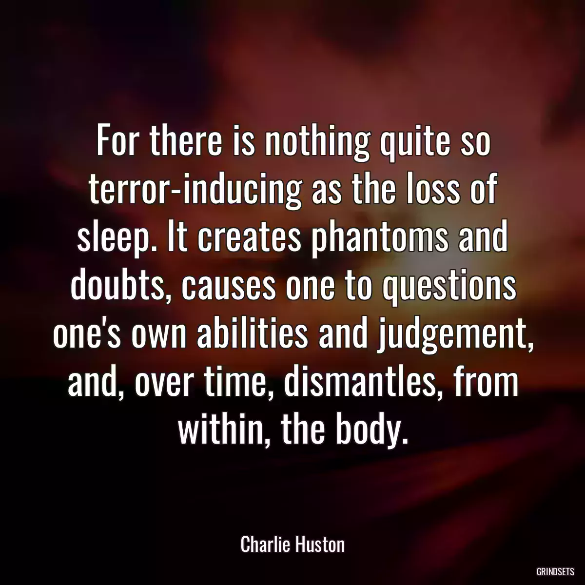 For there is nothing quite so terror-inducing as the loss of sleep. It creates phantoms and doubts, causes one to questions one\'s own abilities and judgement, and, over time, dismantles, from within, the body.