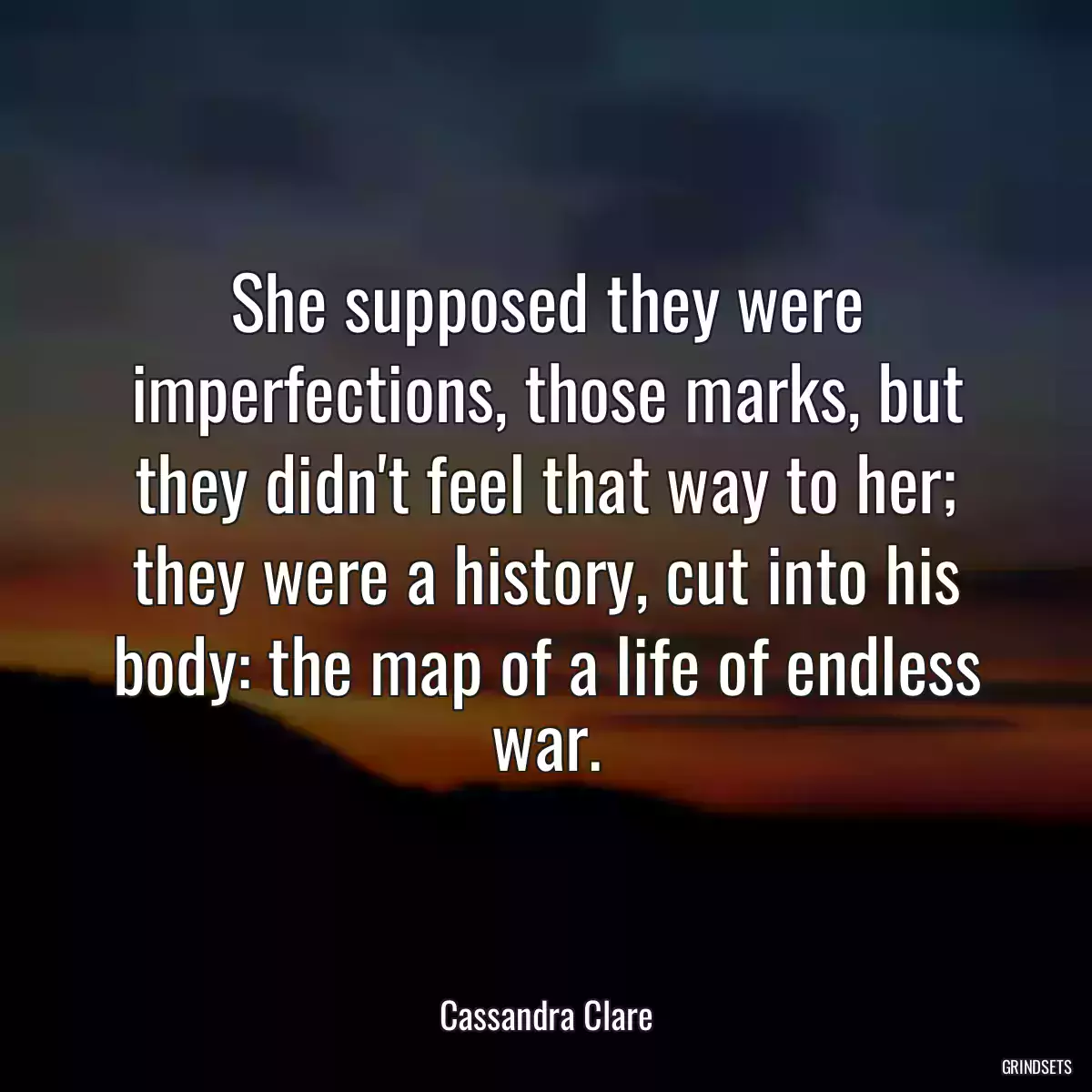 She supposed they were imperfections, those marks, but they didn\'t feel that way to her; they were a history, cut into his body: the map of a life of endless war.