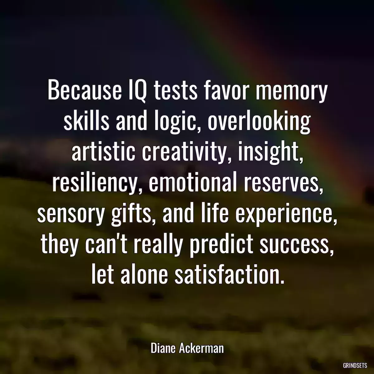 Because IQ tests favor memory skills and logic, overlooking artistic creativity, insight, resiliency, emotional reserves, sensory gifts, and life experience, they can\'t really predict success, let alone satisfaction.