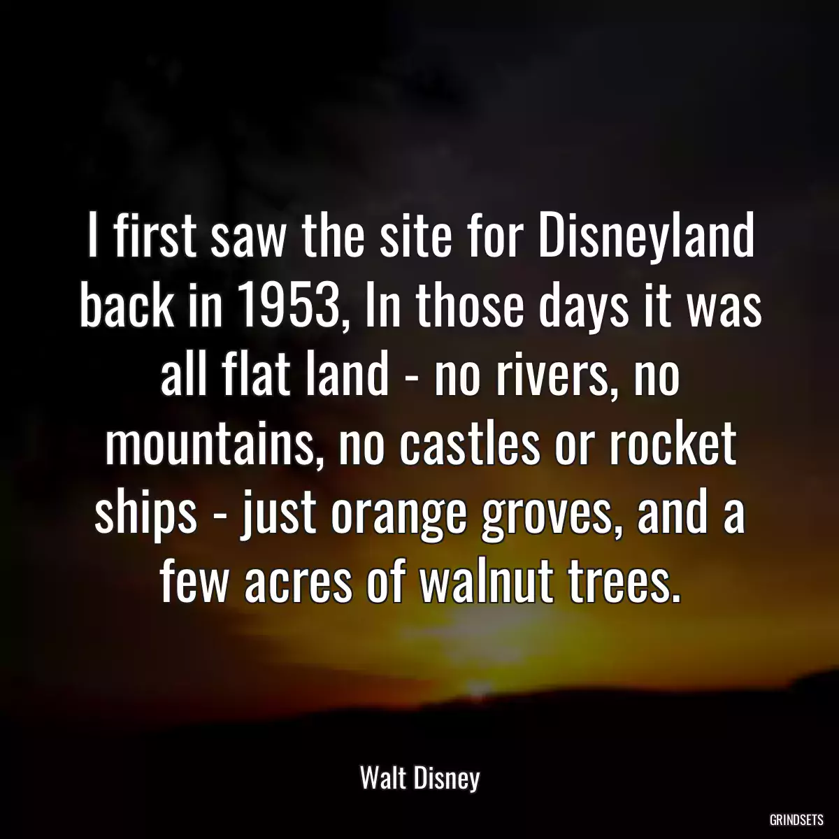 I first saw the site for Disneyland back in 1953, In those days it was all flat land - no rivers, no mountains, no castles or rocket ships - just orange groves, and a few acres of walnut trees.