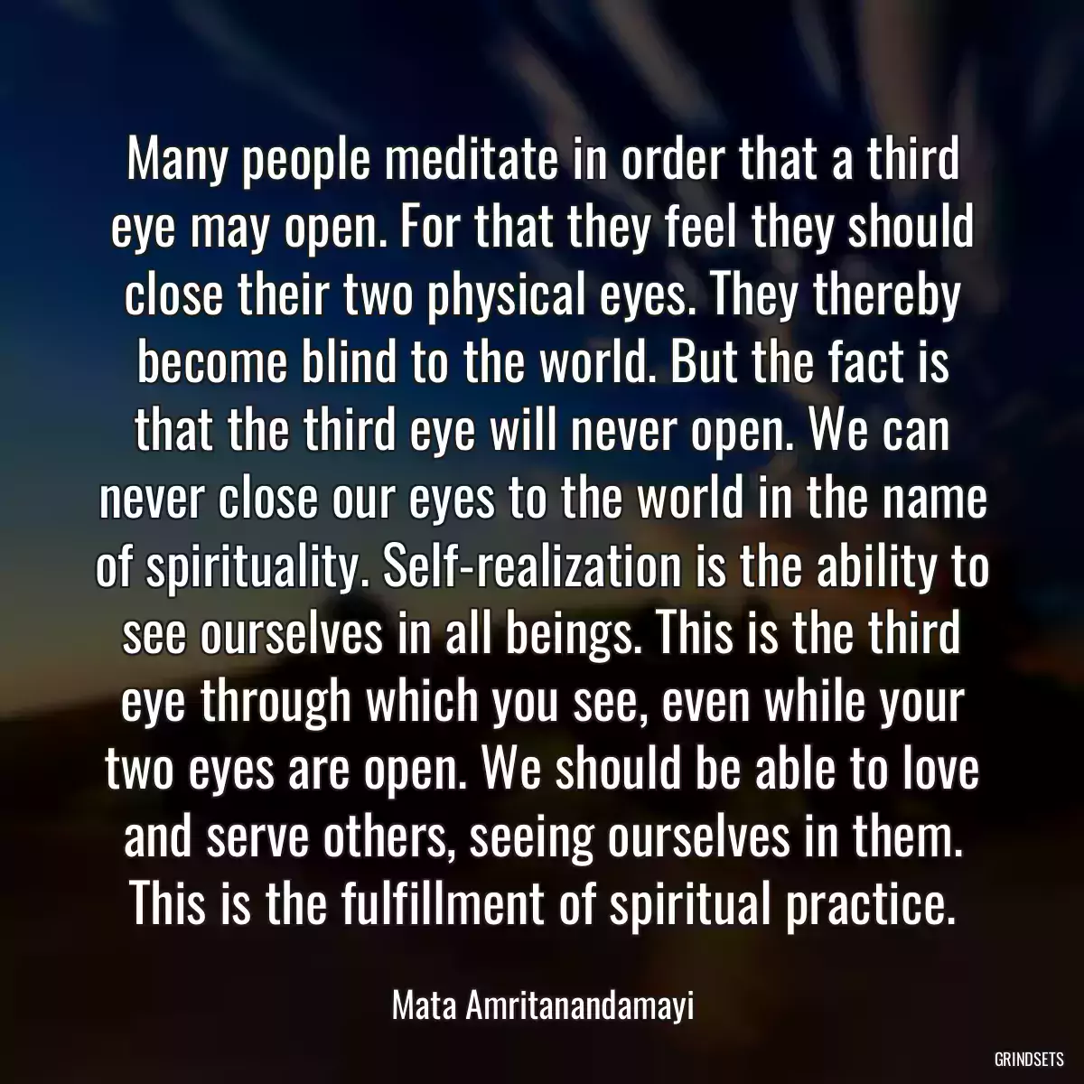 Many people meditate in order that a third eye may open. For that they feel they should close their two physical eyes. They thereby become blind to the world. But the fact is that the third eye will never open. We can never close our eyes to the world in the name of spirituality. Self-realization is the ability to see ourselves in all beings. This is the third eye through which you see, even while your two eyes are open. We should be able to love and serve others, seeing ourselves in them. This is the fulfillment of spiritual practice.