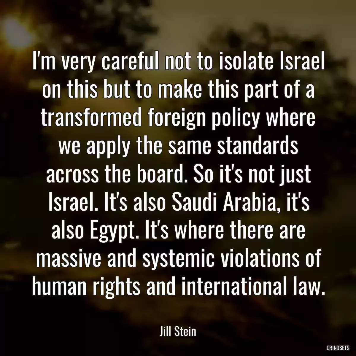 I\'m very careful not to isolate Israel on this but to make this part of a transformed foreign policy where we apply the same standards across the board. So it\'s not just Israel. It\'s also Saudi Arabia, it\'s also Egypt. It\'s where there are massive and systemic violations of human rights and international law.