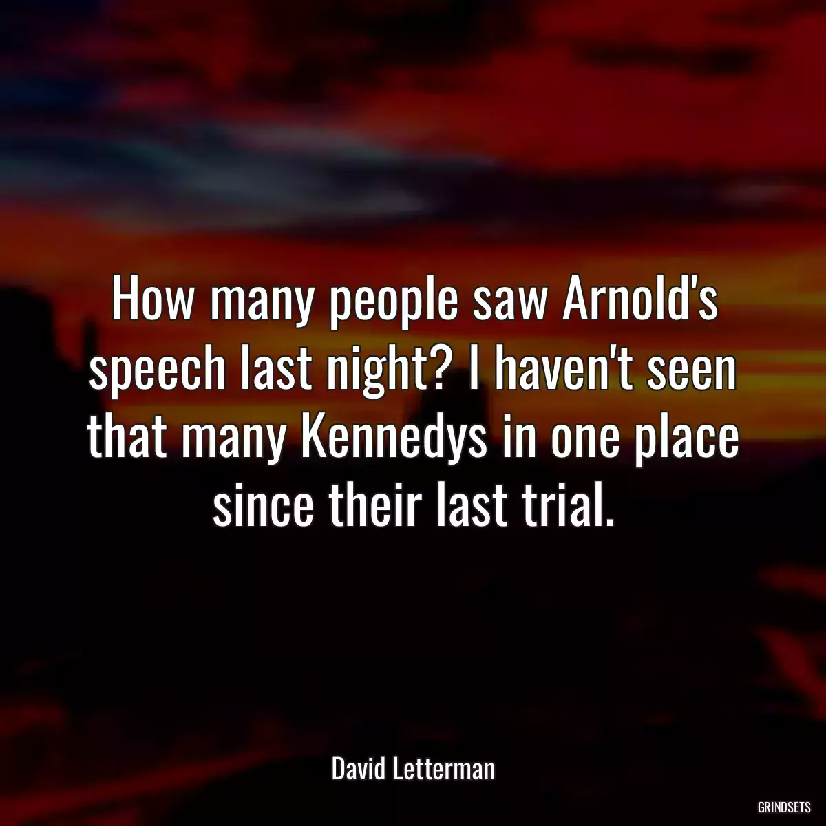 How many people saw Arnold\'s speech last night? I haven\'t seen that many Kennedys in one place since their last trial.