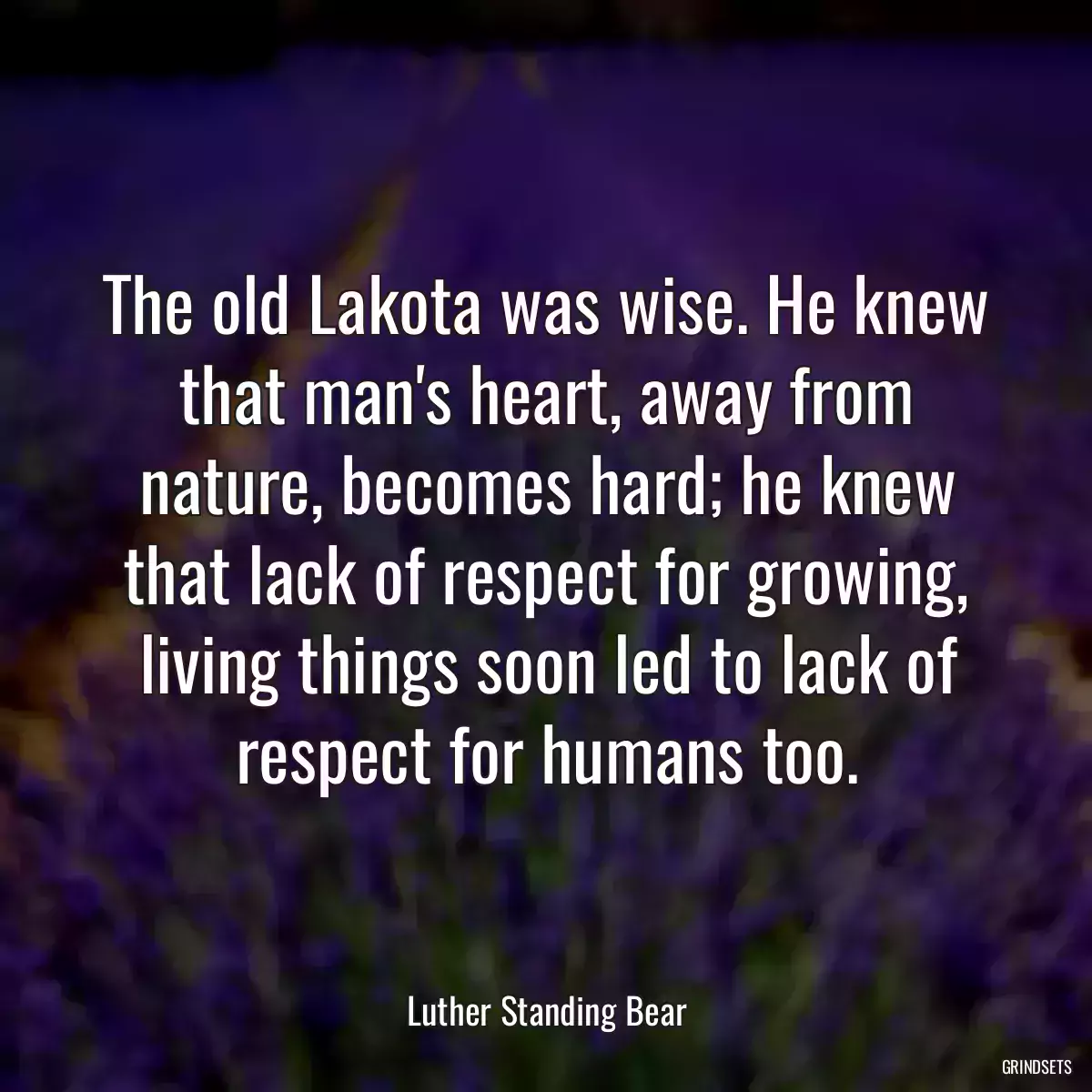 The old Lakota was wise. He knew that man\'s heart, away from nature, becomes hard; he knew that lack of respect for growing, living things soon led to lack of respect for humans too.