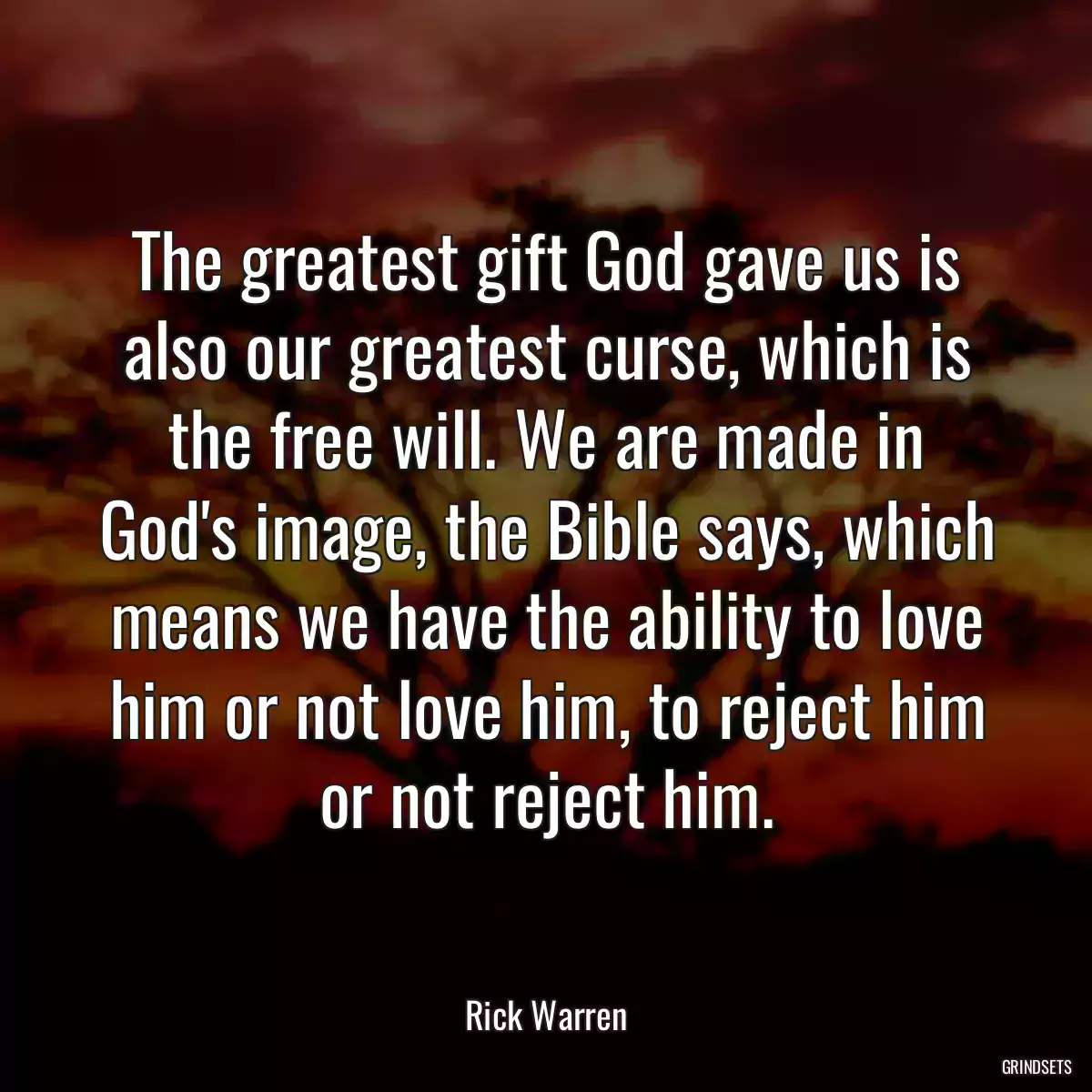 The greatest gift God gave us is also our greatest curse, which is the free will. We are made in God\'s image, the Bible says, which means we have the ability to love him or not love him, to reject him or not reject him.
