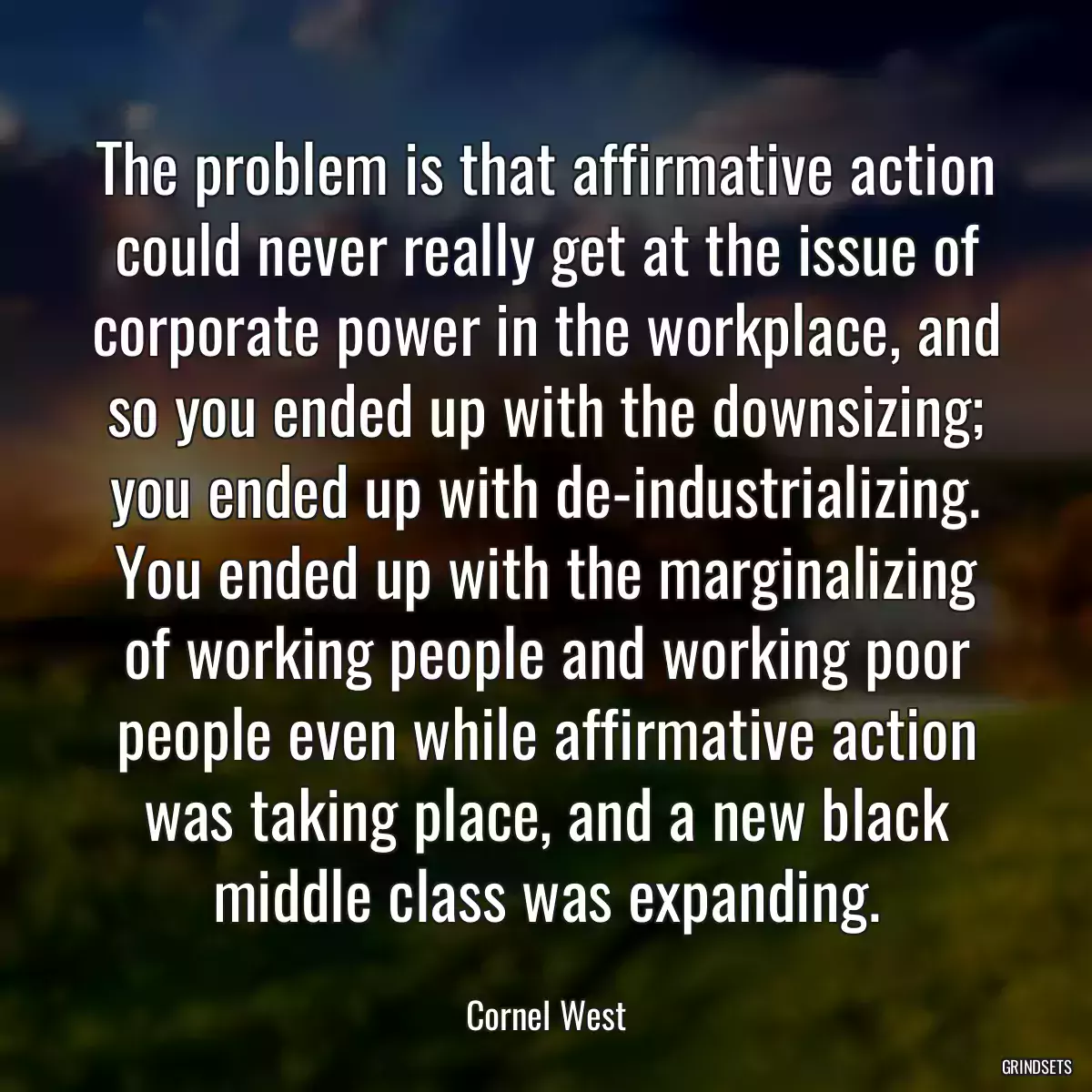 The problem is that affirmative action could never really get at the issue of corporate power in the workplace, and so you ended up with the downsizing; you ended up with de-industrializing. You ended up with the marginalizing of working people and working poor people even while affirmative action was taking place, and a new black middle class was expanding.