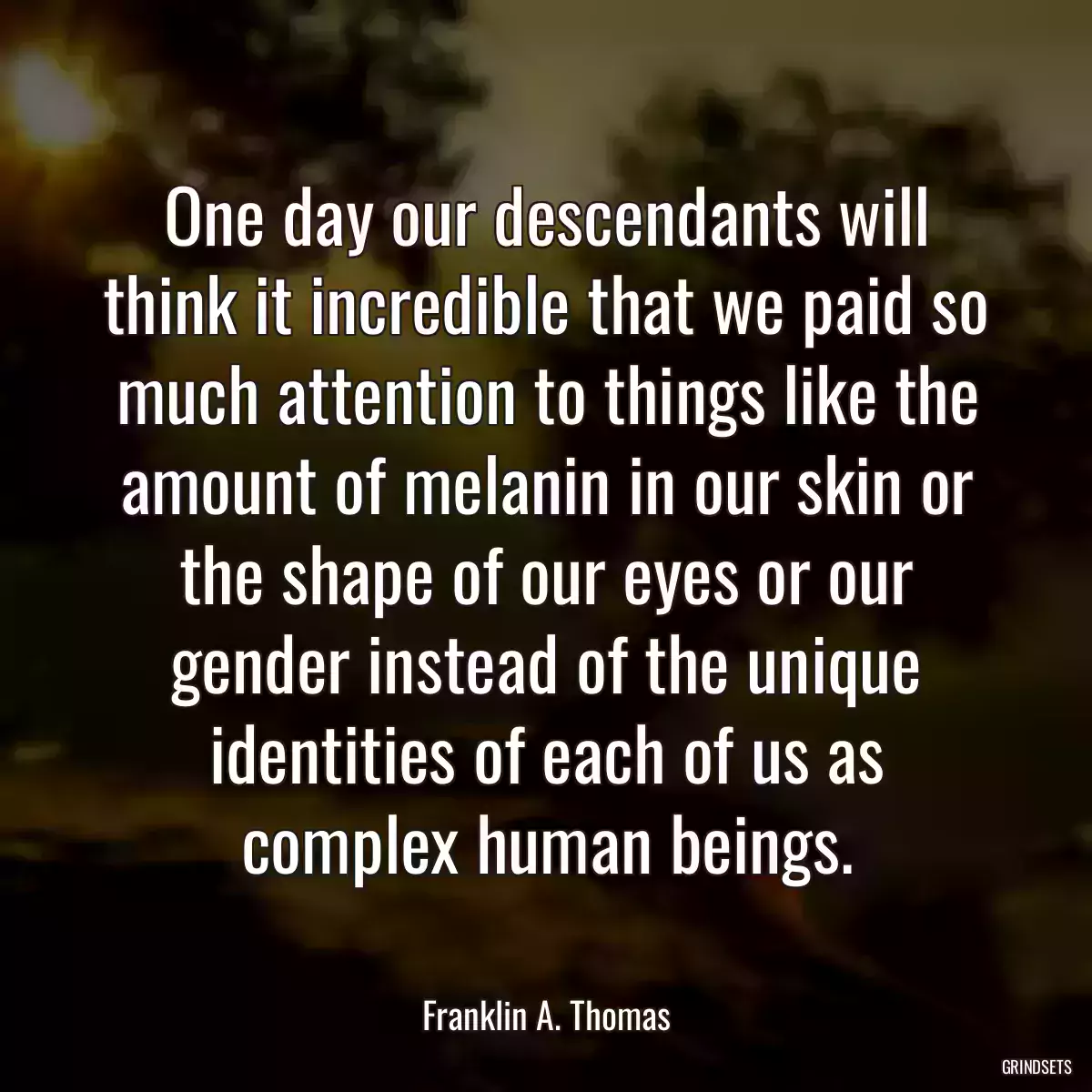 One day our descendants will think it incredible that we paid so much attention to things like the amount of melanin in our skin or the shape of our eyes or our gender instead of the unique identities of each of us as complex human beings.