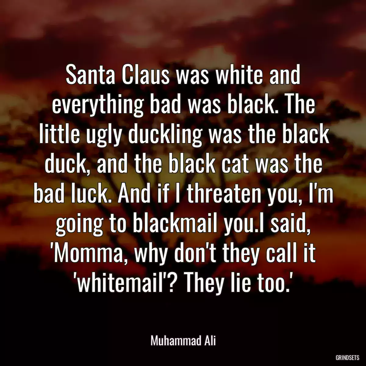 Santa Claus was white and everything bad was black. The little ugly duckling was the black duck, and the black cat was the bad luck. And if I threaten you, I\'m going to blackmail you.I said, \'Momma, why don\'t they call it \'whitemail\'? They lie too.\'