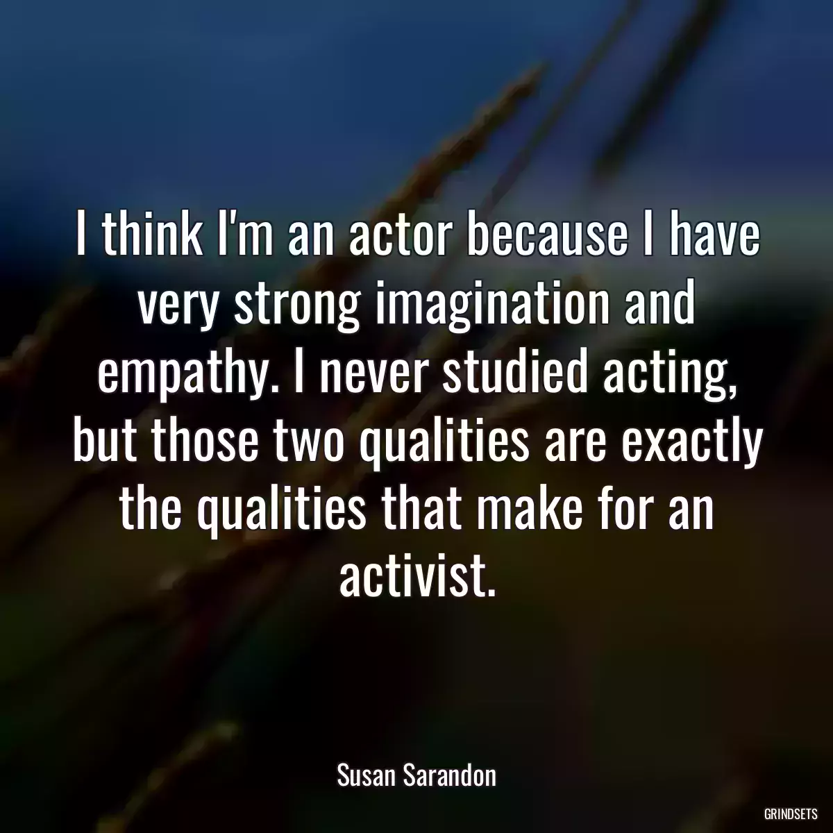 I think I\'m an actor because I have very strong imagination and empathy. I never studied acting, but those two qualities are exactly the qualities that make for an activist.