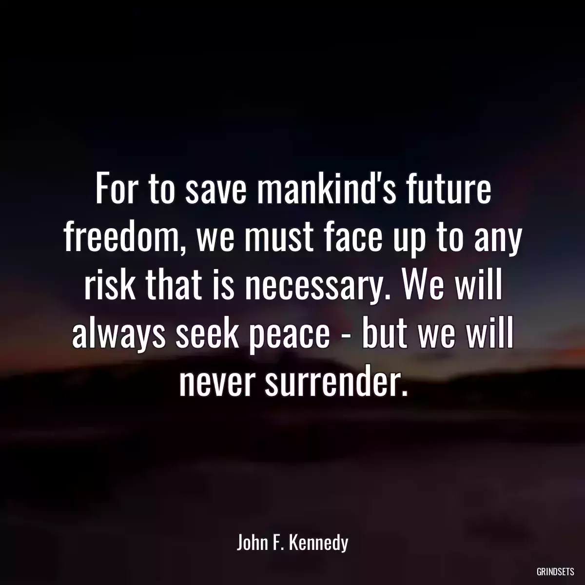 For to save mankind\'s future freedom, we must face up to any risk that is necessary. We will always seek peace - but we will never surrender.