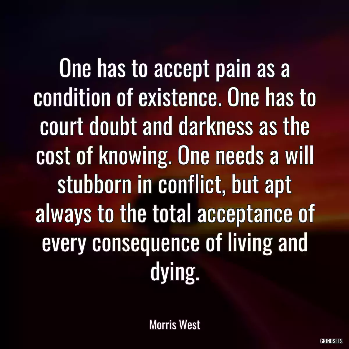 One has to accept pain as a condition of existence. One has to court doubt and darkness as the cost of knowing. One needs a will stubborn in conflict, but apt always to the total acceptance of every consequence of living and dying.