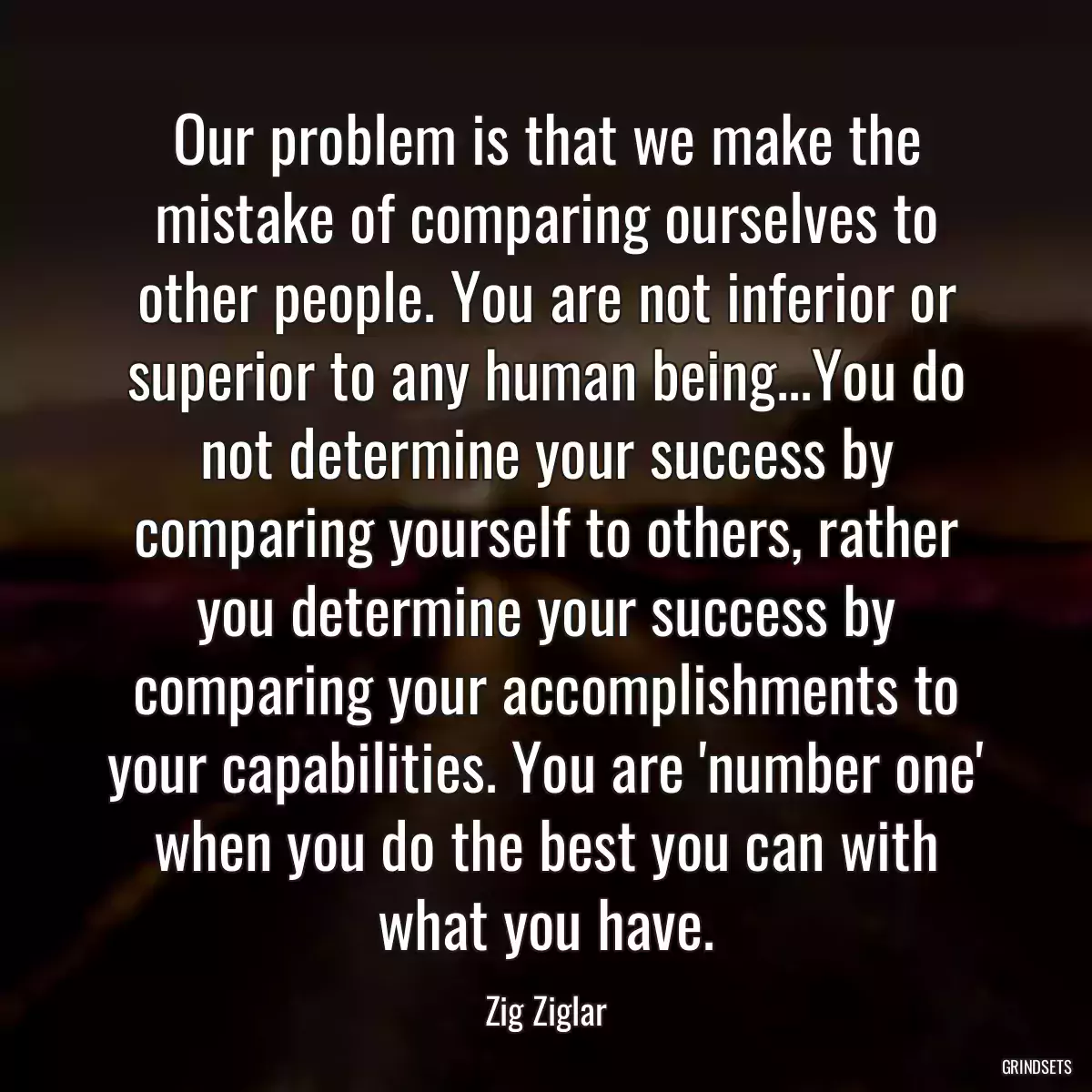 Our problem is that we make the mistake of comparing ourselves to other people. You are not inferior or superior to any human being...You do not determine your success by comparing yourself to others, rather you determine your success by comparing your accomplishments to your capabilities. You are \'number one\' when you do the best you can with what you have.