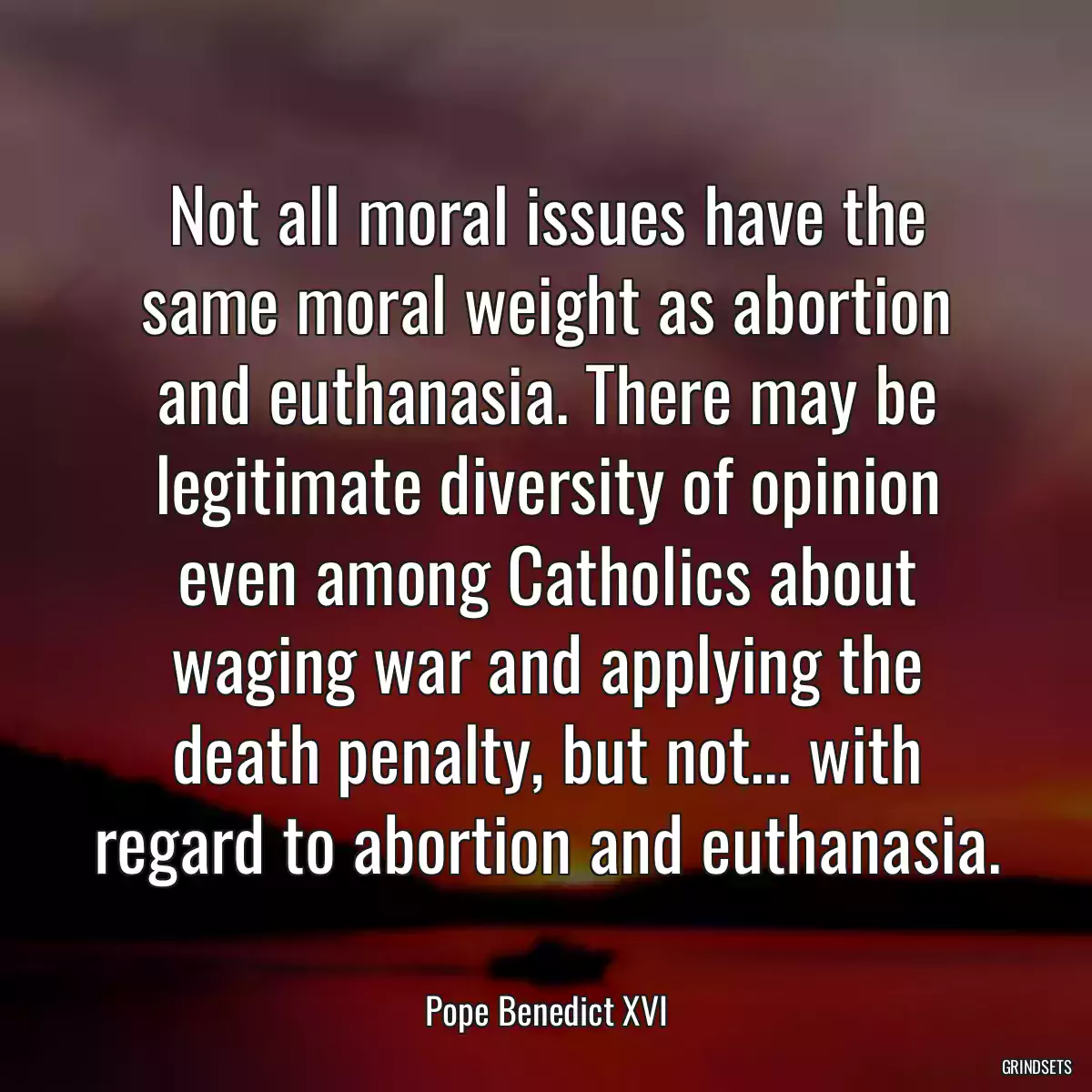 Not all moral issues have the same moral weight as abortion and euthanasia. There may be legitimate diversity of opinion even among Catholics about waging war and applying the death penalty, but not... with regard to abortion and euthanasia.