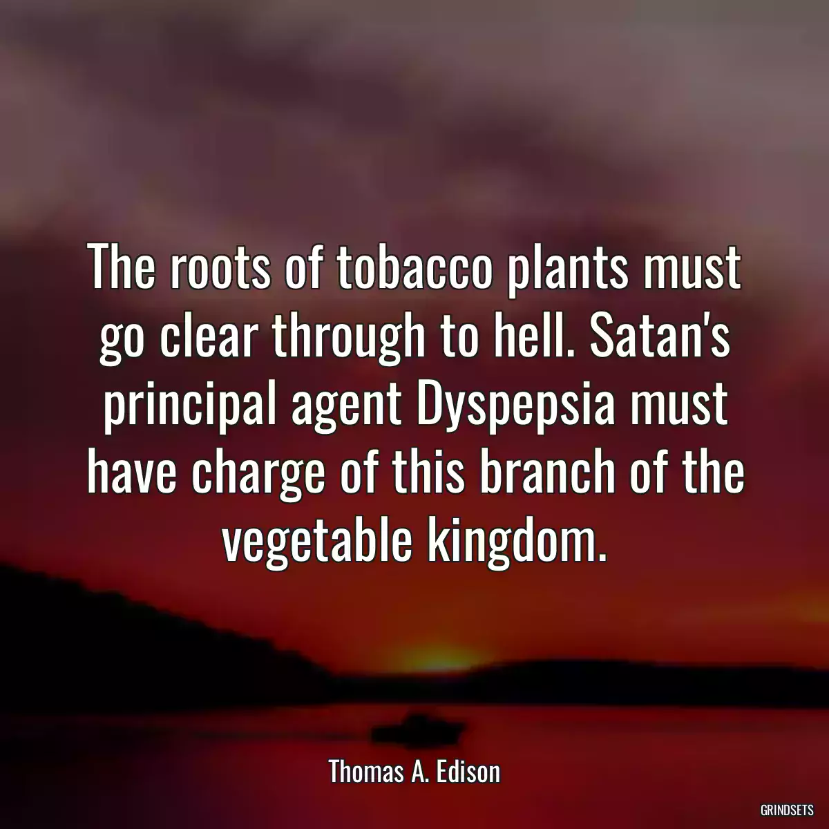 The roots of tobacco plants must go clear through to hell. Satan\'s principal agent Dyspepsia must have charge of this branch of the vegetable kingdom.