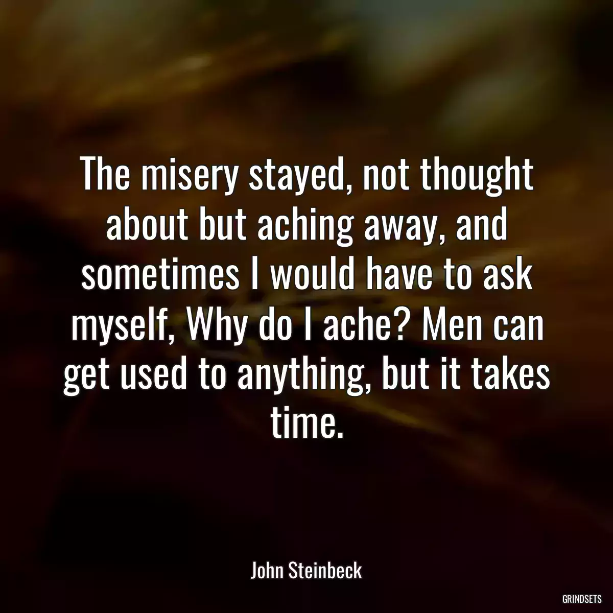 The misery stayed, not thought about but aching away, and sometimes I would have to ask myself, Why do I ache? Men can get used to anything, but it takes time.