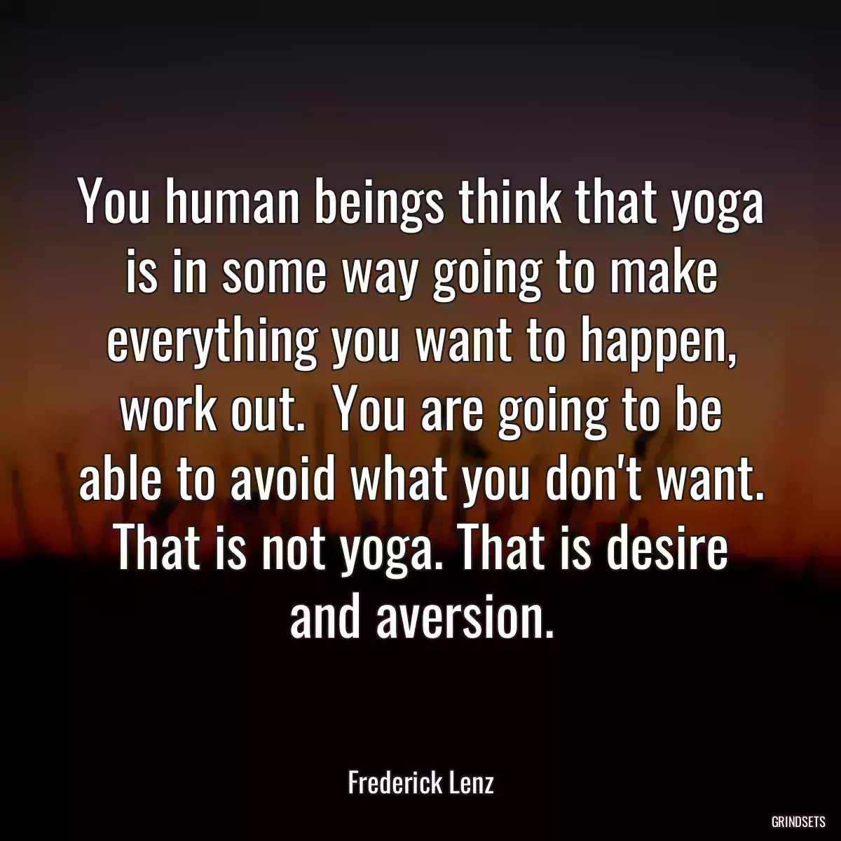 You human beings think that yoga is in some way going to make everything you want to happen, work out.  You are going to be able to avoid what you don\'t want. That is not yoga. That is desire and aversion.