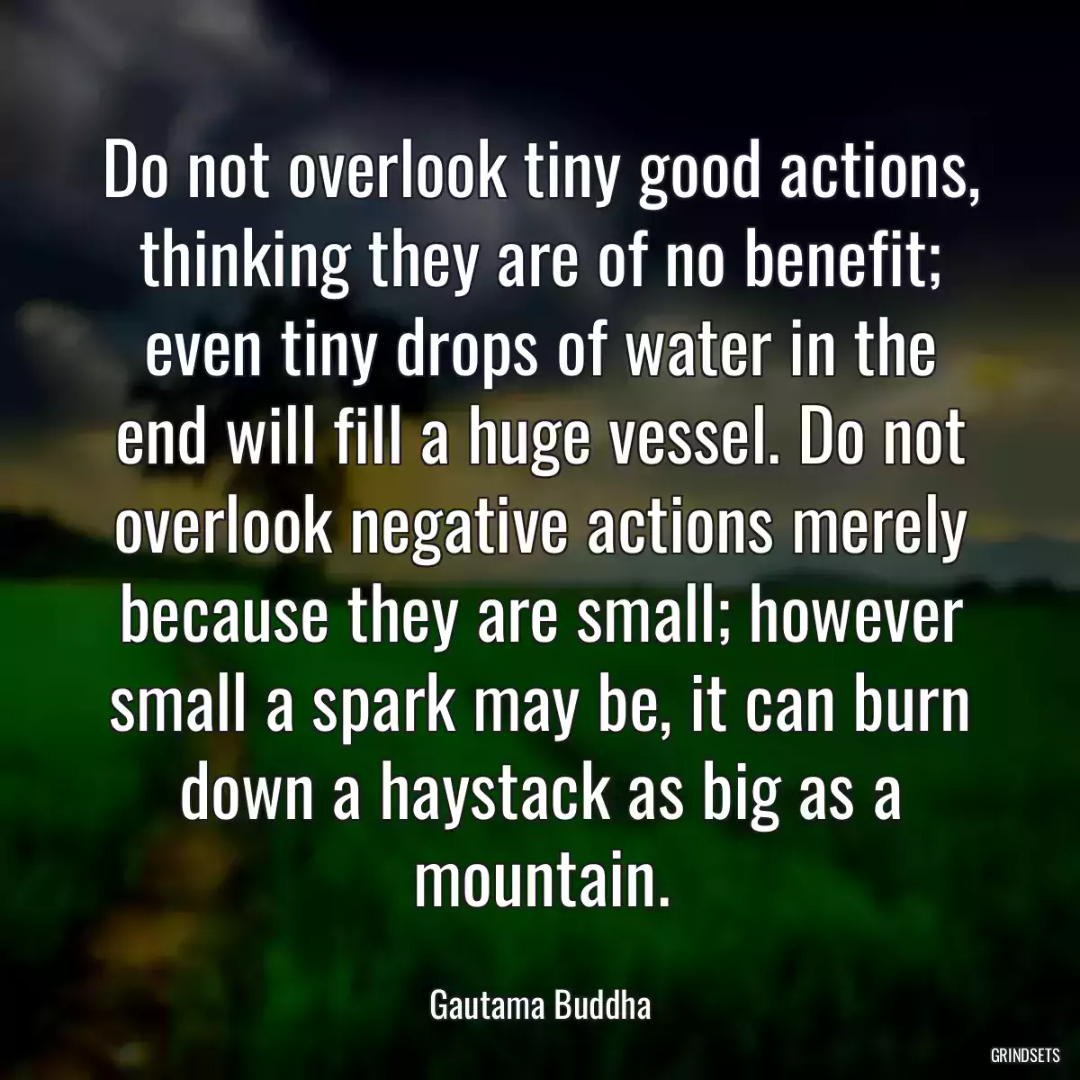 Do not overlook tiny good actions, thinking they are of no benefit; even tiny drops of water in the end will fill a huge vessel. Do not overlook negative actions merely because they are small; however small a spark may be, it can burn down a haystack as big as a mountain.