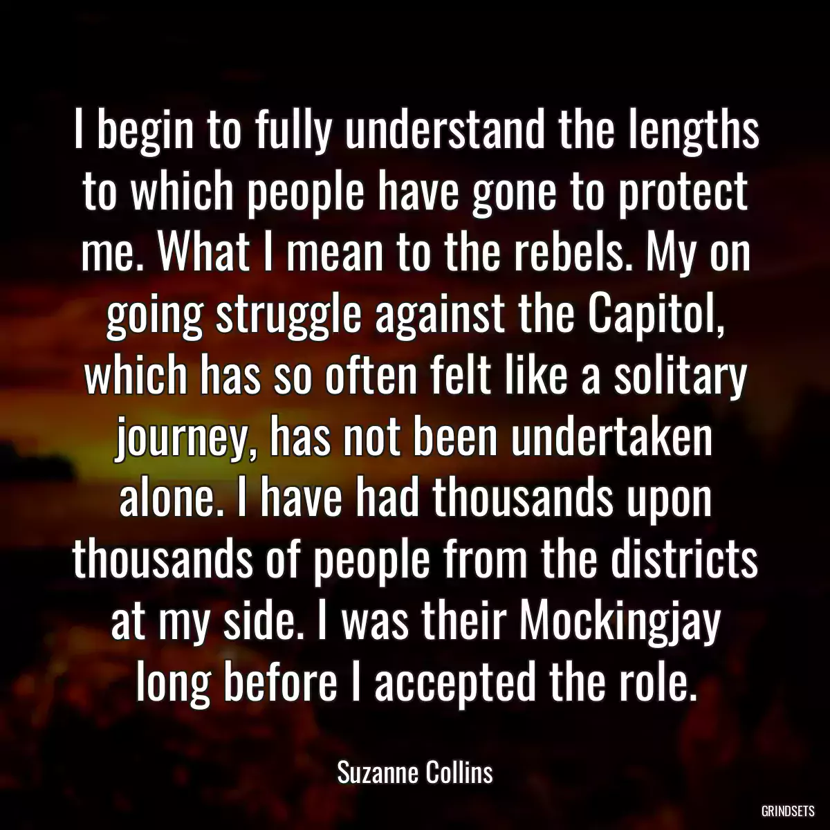 I begin to fully understand the lengths to which people have gone to protect me. What I mean to the rebels. My on going struggle against the Capitol, which has so often felt like a solitary journey, has not been undertaken alone. I have had thousands upon thousands of people from the districts at my side. I was their Mockingjay long before I accepted the role.